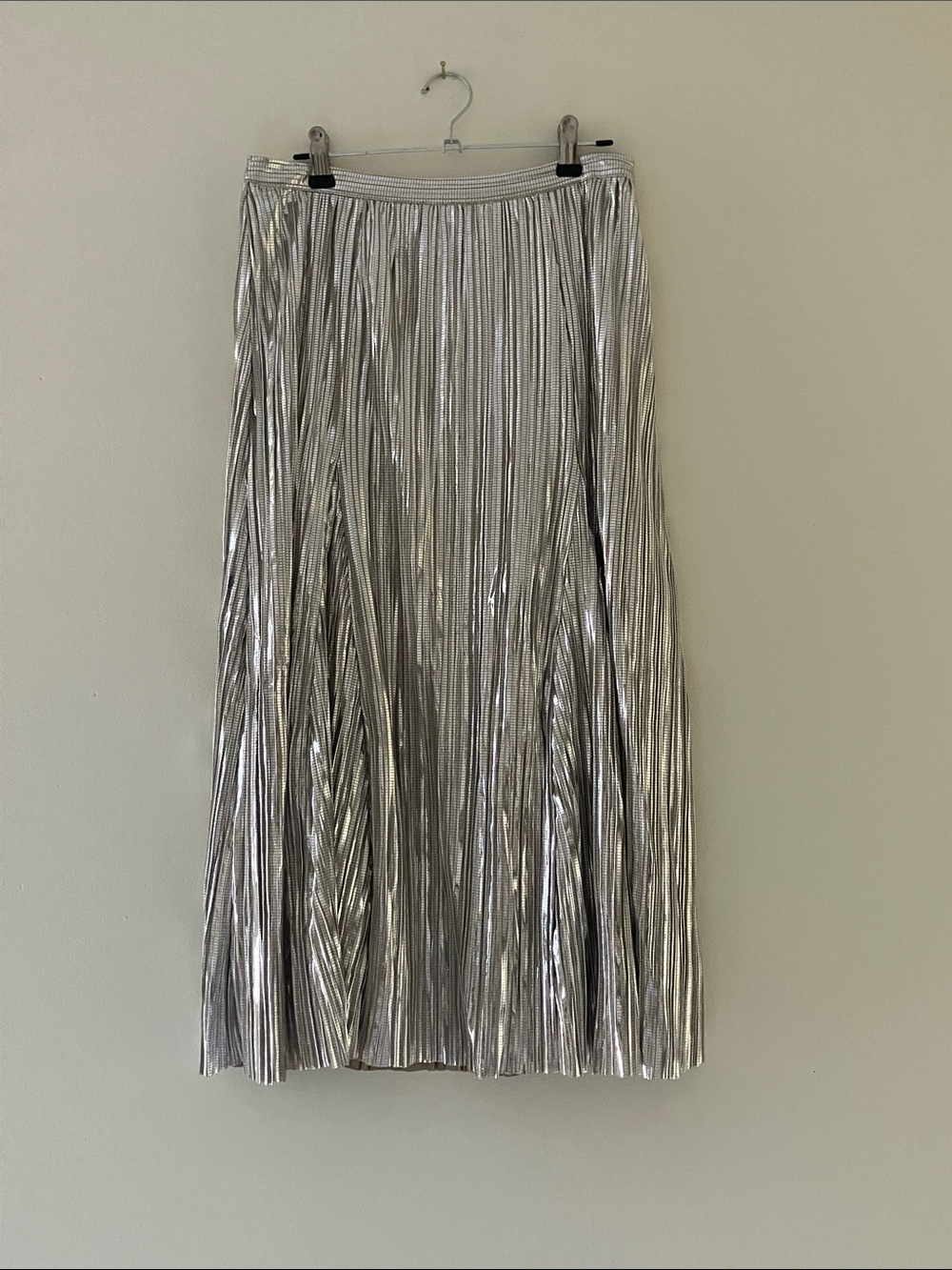 Maeve Metallic Silver Pleated Midi Skirt